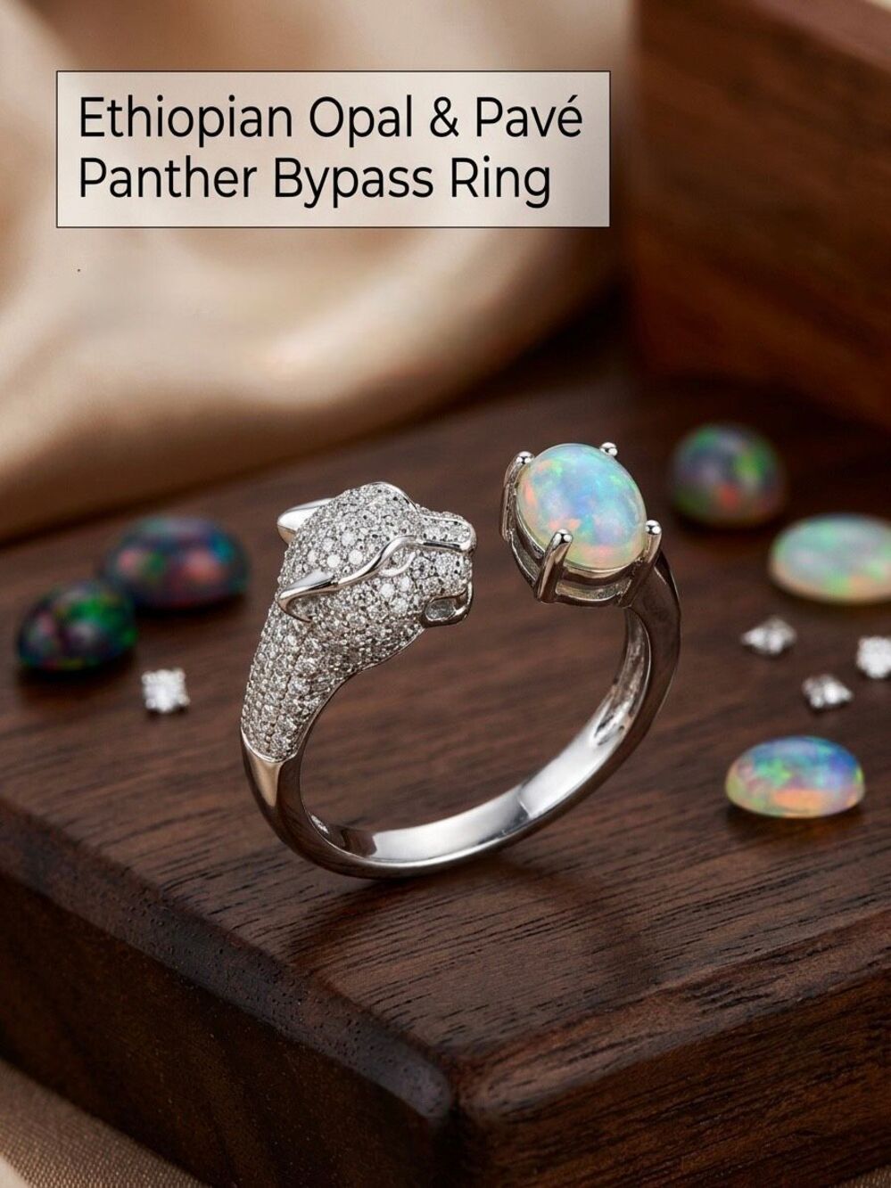 Natural Ethiopian Opal Panther Head Ring, Pavé CZ Open Cuff Statement Ring Sz 7